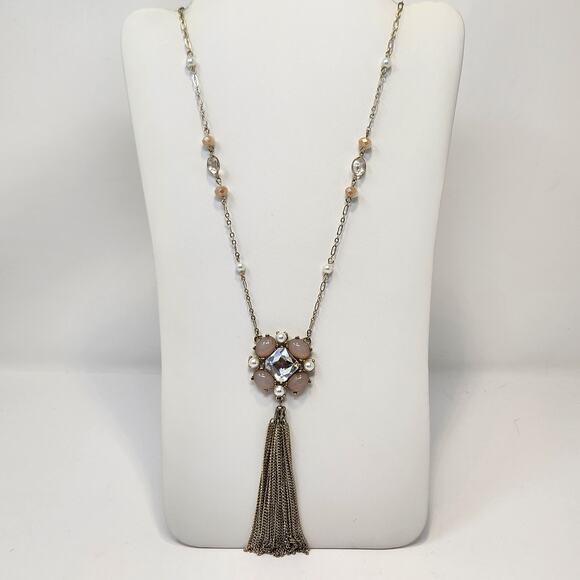 WHBM Pink Clear Rhinestone Metal Tassel Long Necklace Gold Tone Glass Bead - Picture 1 of 6